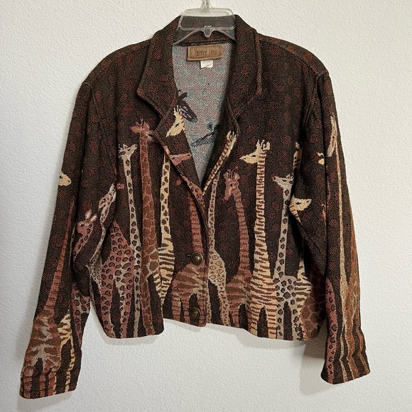 Painted Pony Jackets & Blazers - Vintage African Safari Tapestry Giraffe Graphic Jacket Oversize Padded Shoulder